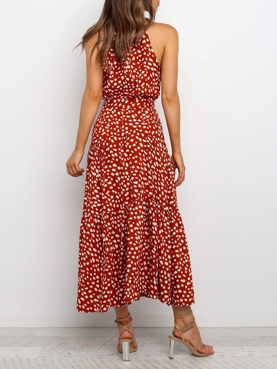 Temperament-half - collared sleeveless tank top with flapped floral print maxi dress
