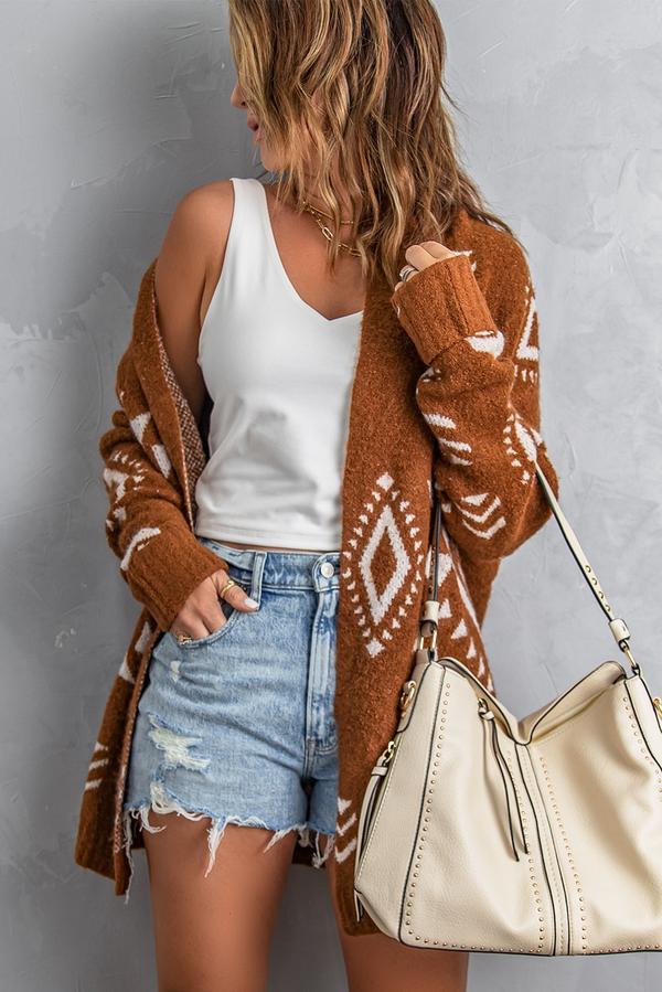 Aztec print Open Front Knitted Sweater