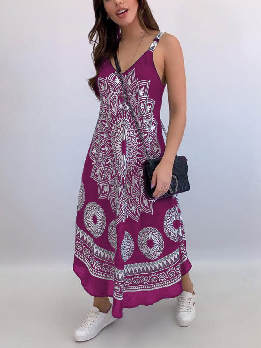 Boho Mandala Print Wide Strap Dress