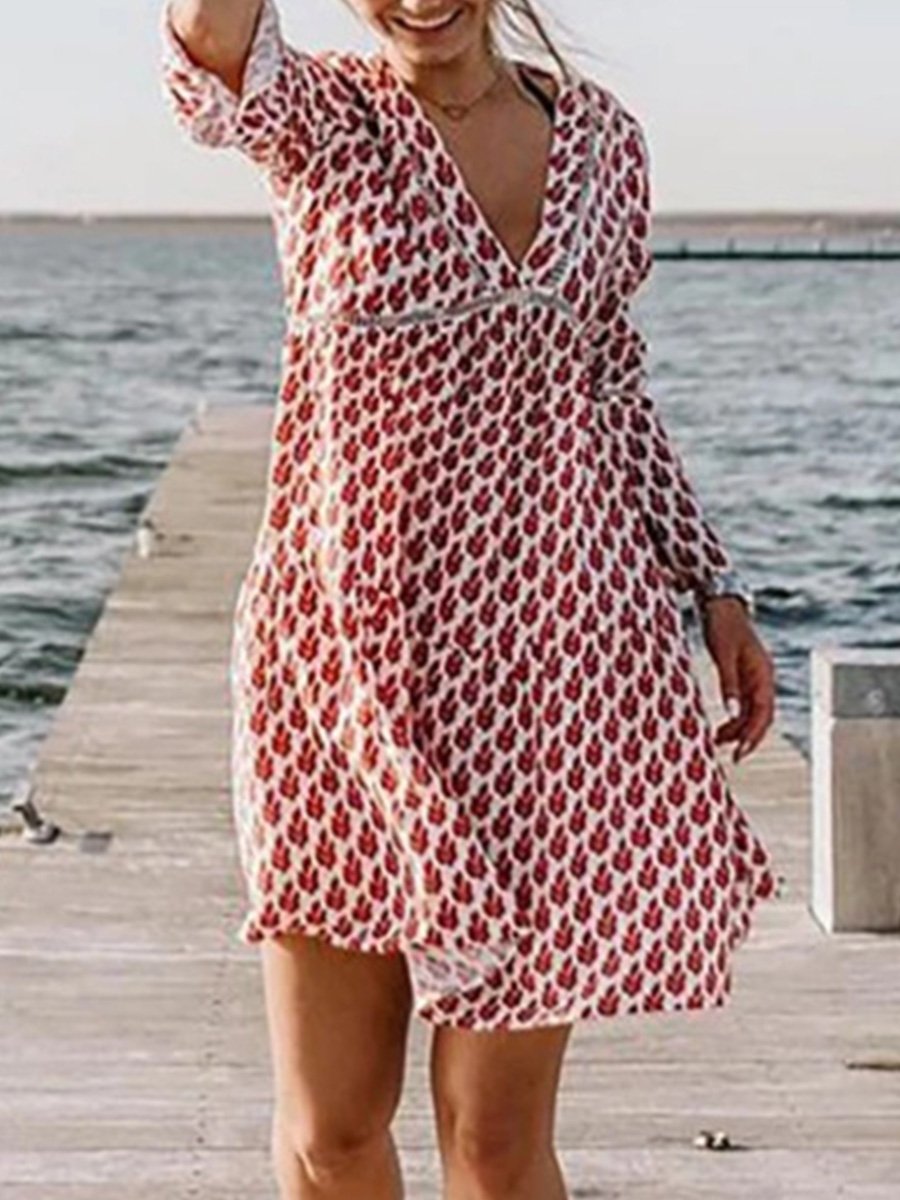 Stunning V-Neck 3/4 Sleeve Printed Mini Dress