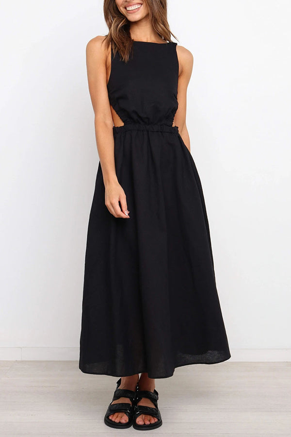 Backless Solid Color Sexy Cotton Linen Dress