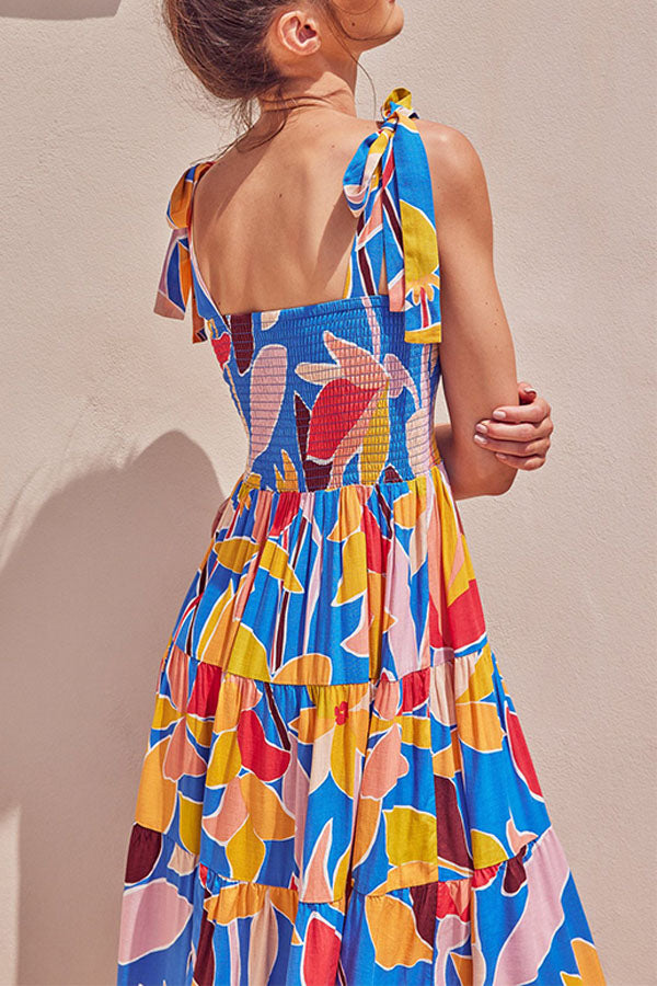 Fake Suspender Lace-up Printed Long Dress