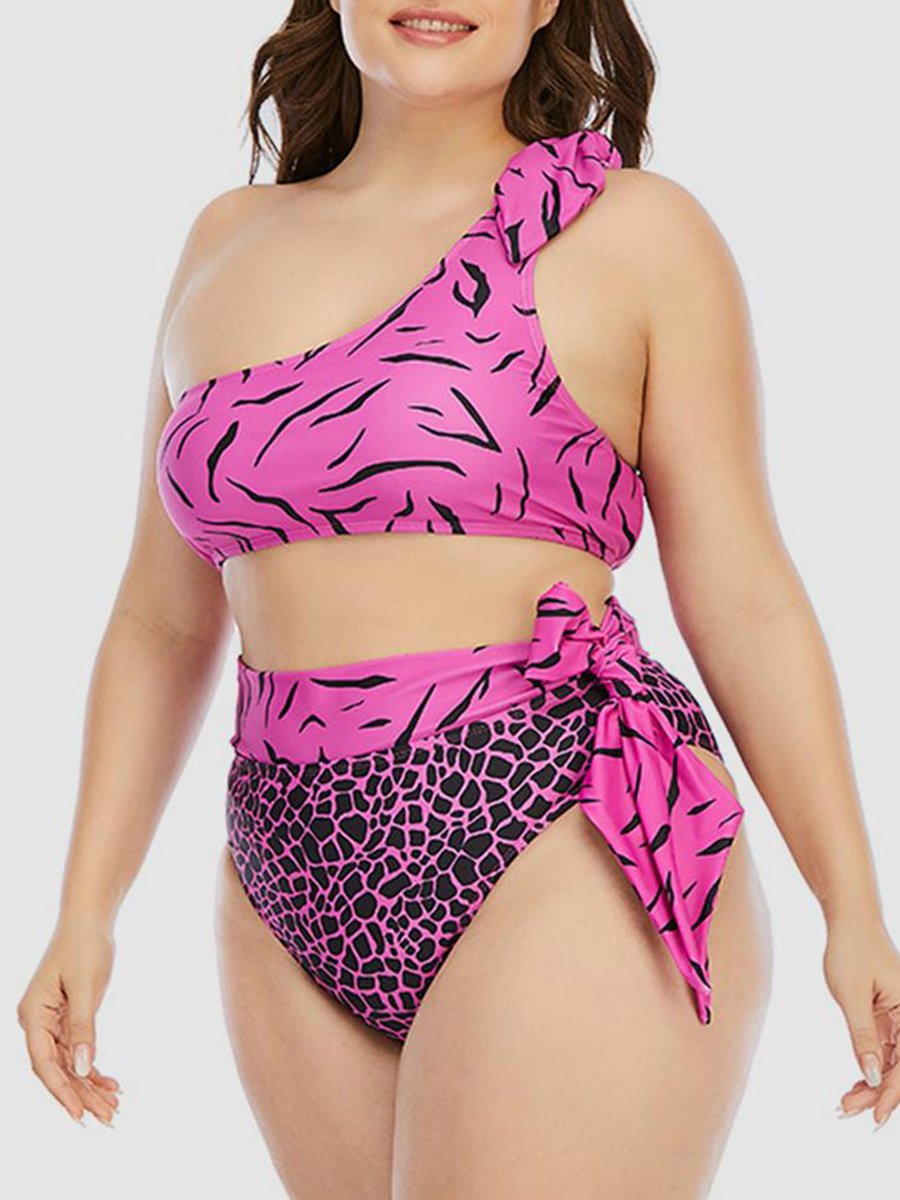 Sweet One Shoulder Animal Print Bandage Design Pink Two-piece Swimsuit