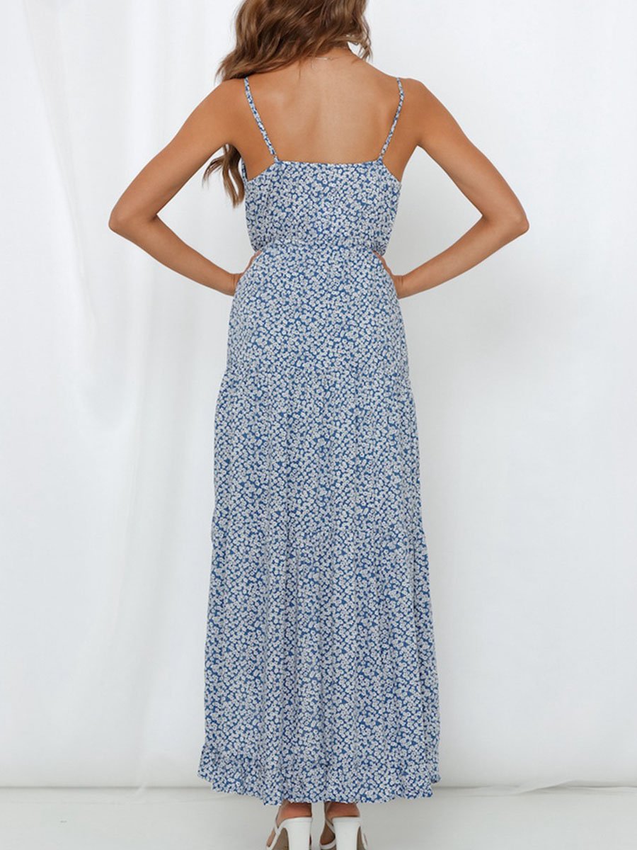 Floral print irregular V-neck Ruffle suspender maxi dress