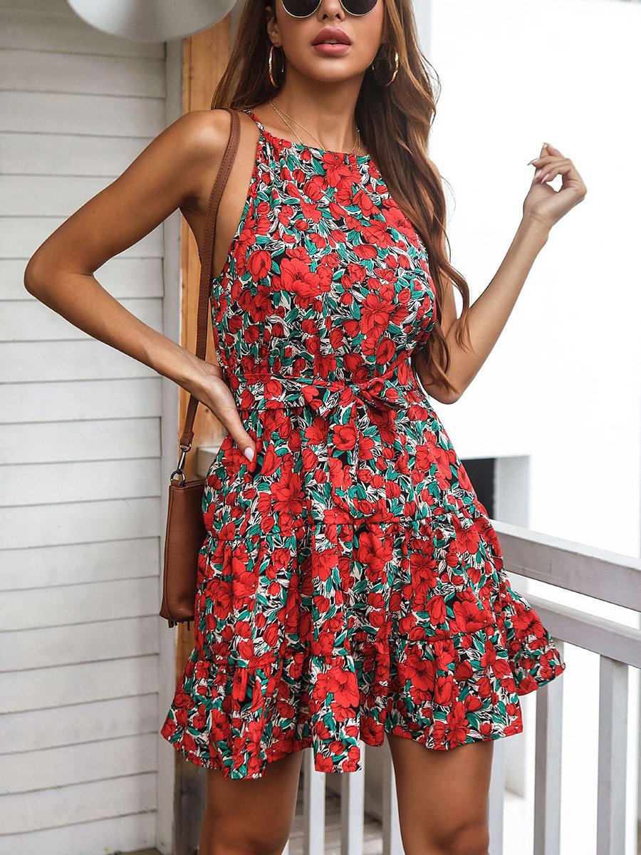 Halter Neck Print Mini Dress With Belt
