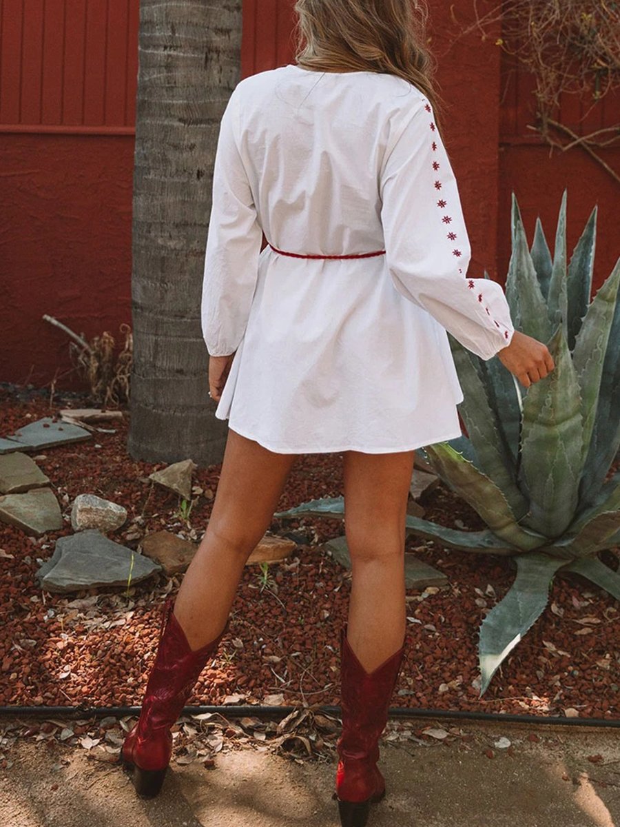Tribe Print V-neck Lace-up Long Sleeve Vacation Dress