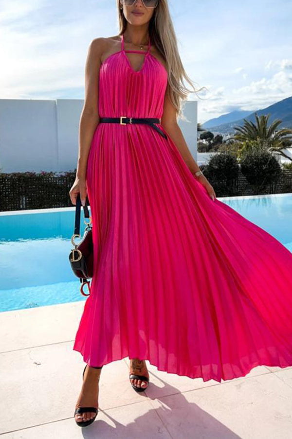 New Pleated Suspender Sweet Waist Closing Bohemian Long Dress