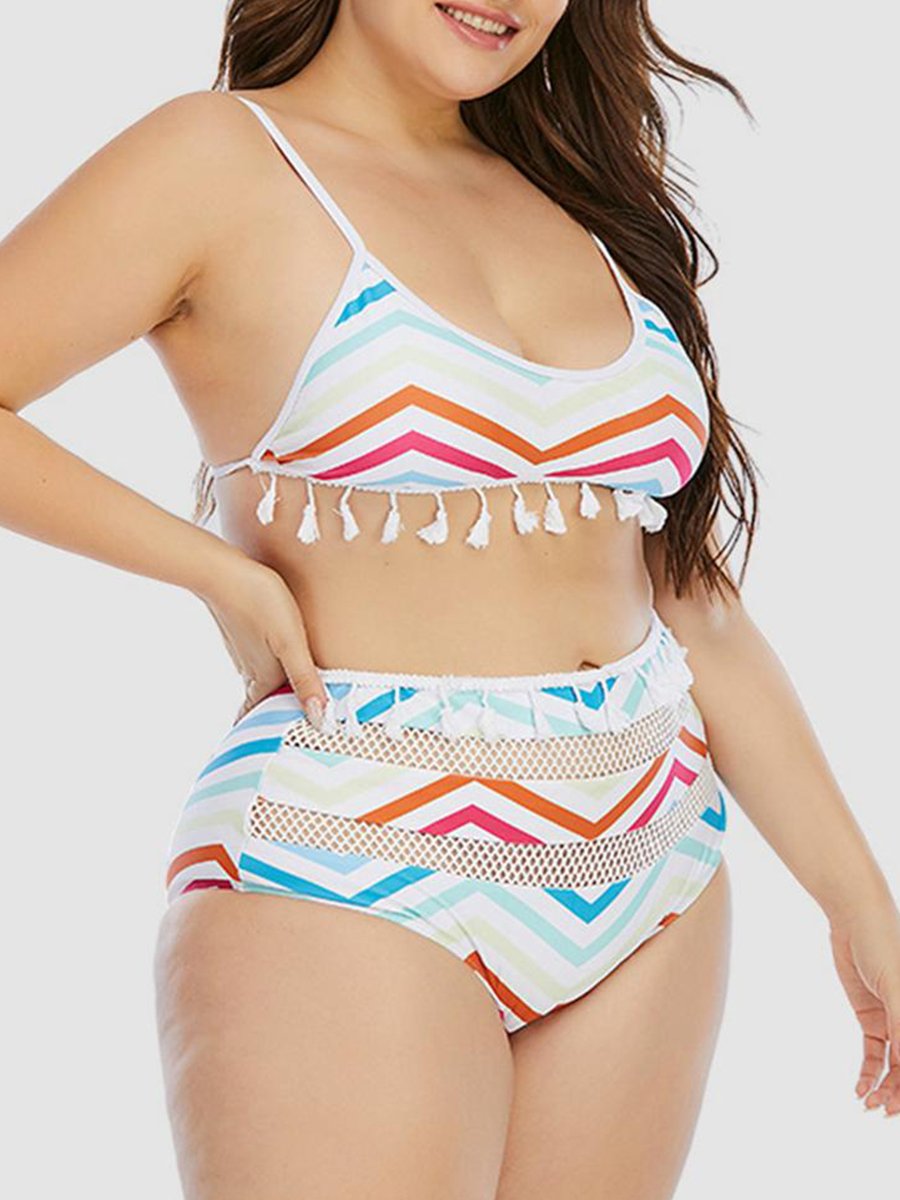 Sweet Geometric Print Hollow-out Tassel Design White Two-piece Swimsuit