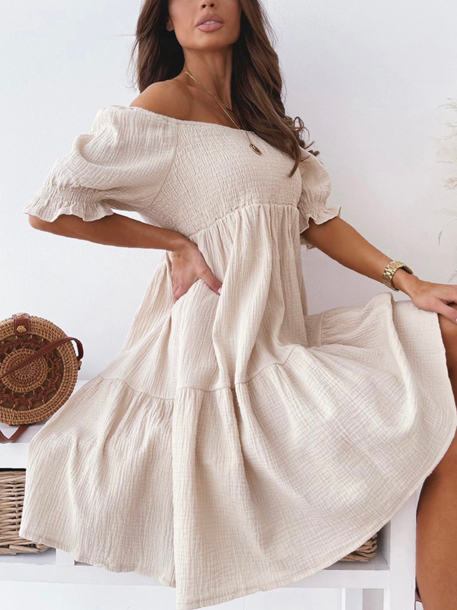 Solid Off-Shoulder Pleated Mini Dress