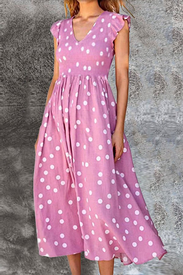V-neck High Waist Polka Dot Print Dress