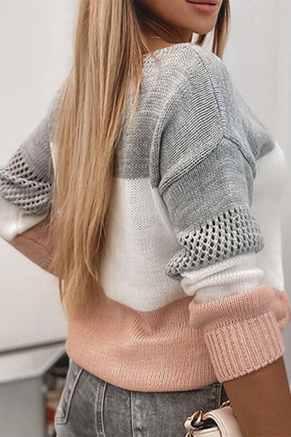 Long Sleeved Round Neck Color Blocking Hollow Sweater
