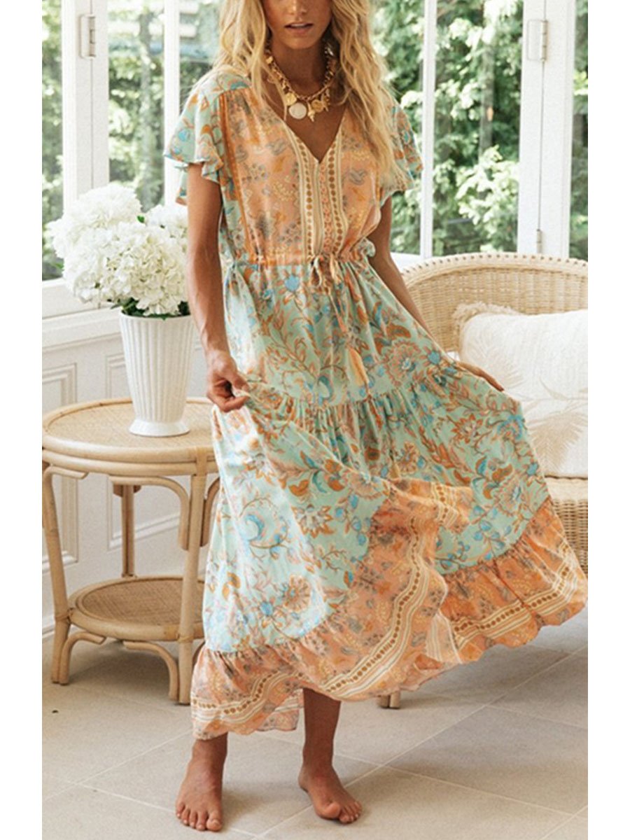 Women's Maxi Dresses Floral Short Sleeve A-line V Neck Button Belt Boho Daily Maxi Dress