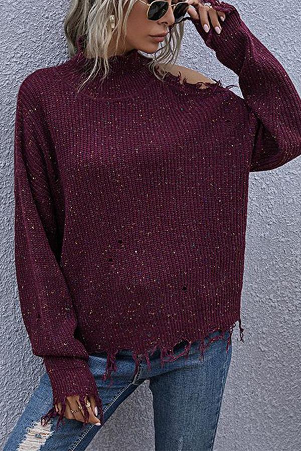 Off-shoulder Ripped Long-sleeved High-neck Knitted Sweater