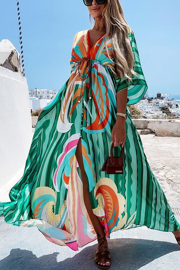 Digital Print V-neck Smocked Split Floor Length Dress