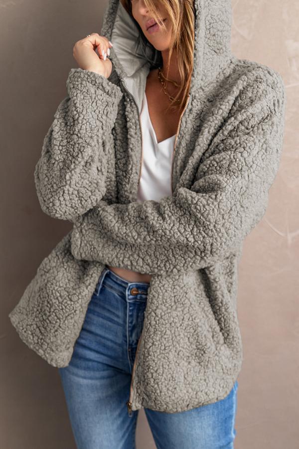 Zip Up Sherpa Hooded Coat with Pocket