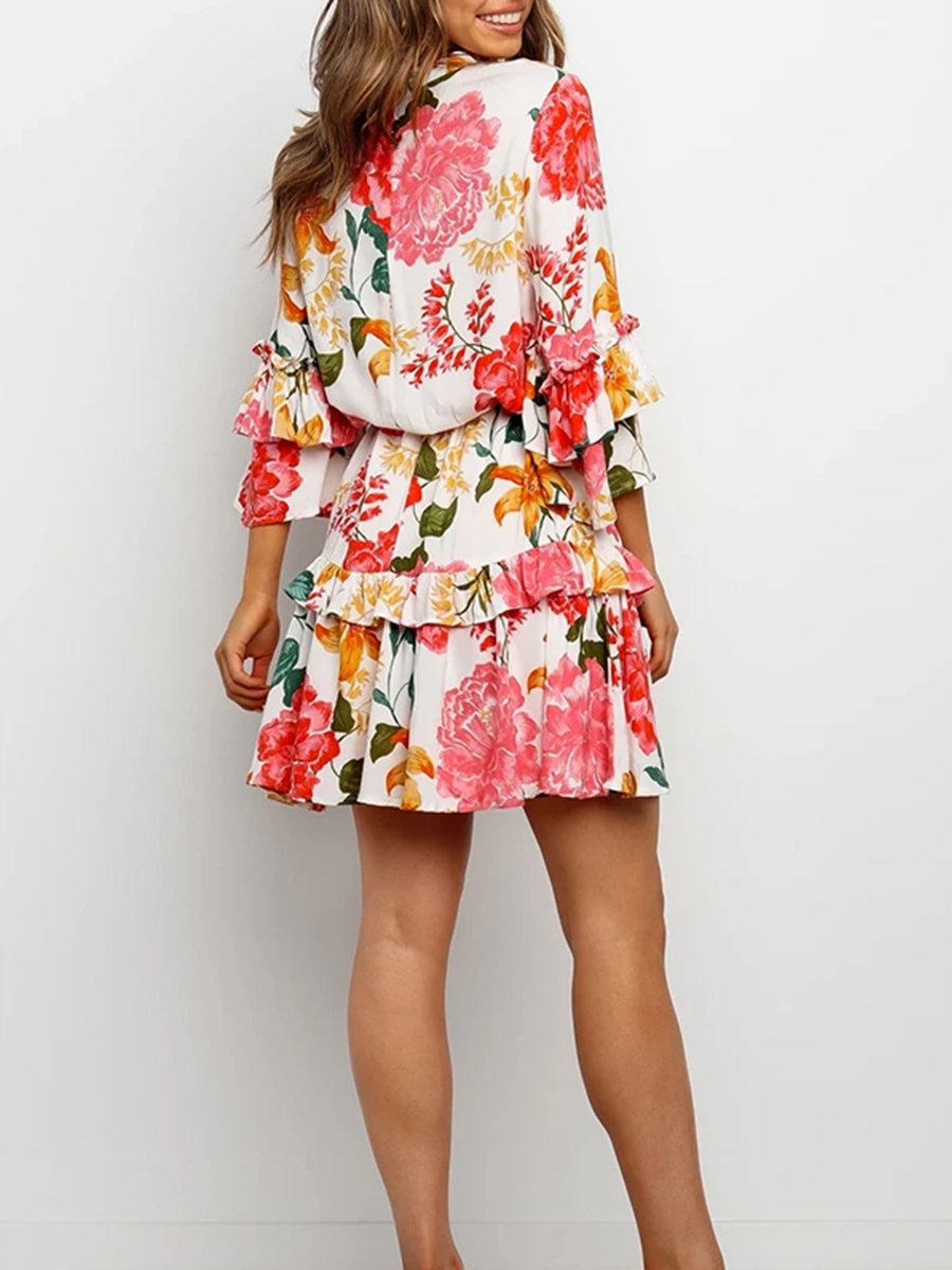 Floral Print Round Collar Pleated Dress
