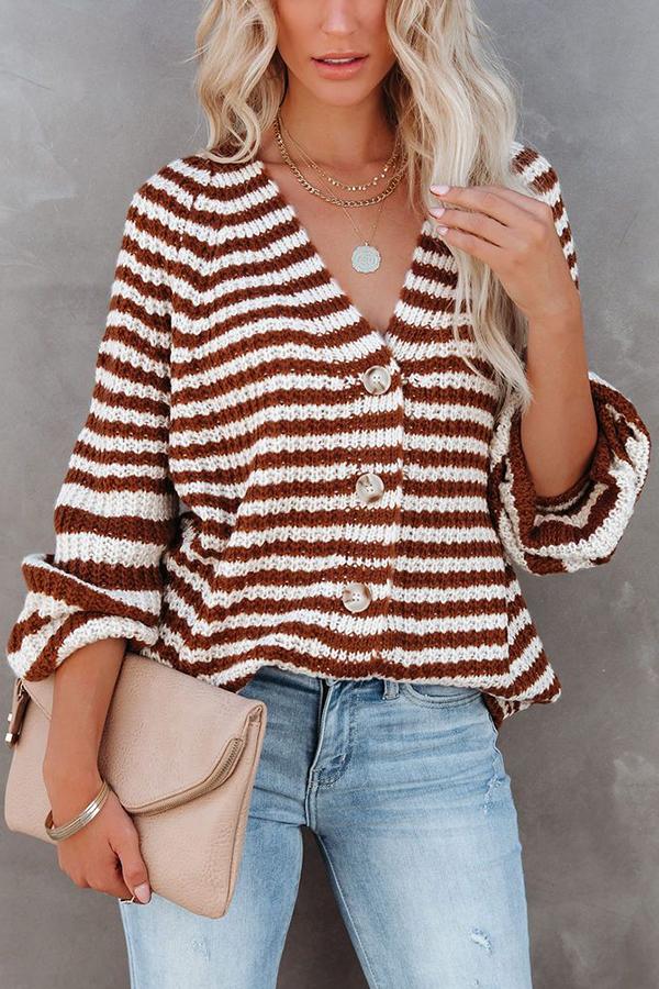 Striped Balloon Sleeve Button Cardigan