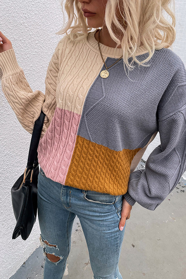 Square Stitching Contrast Color Twist Lantern Sleeve Sweater