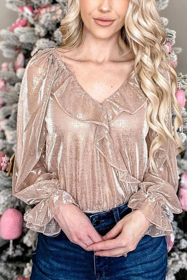 V-neck Bell Sleeve Ruffle Chiffon T-shirt