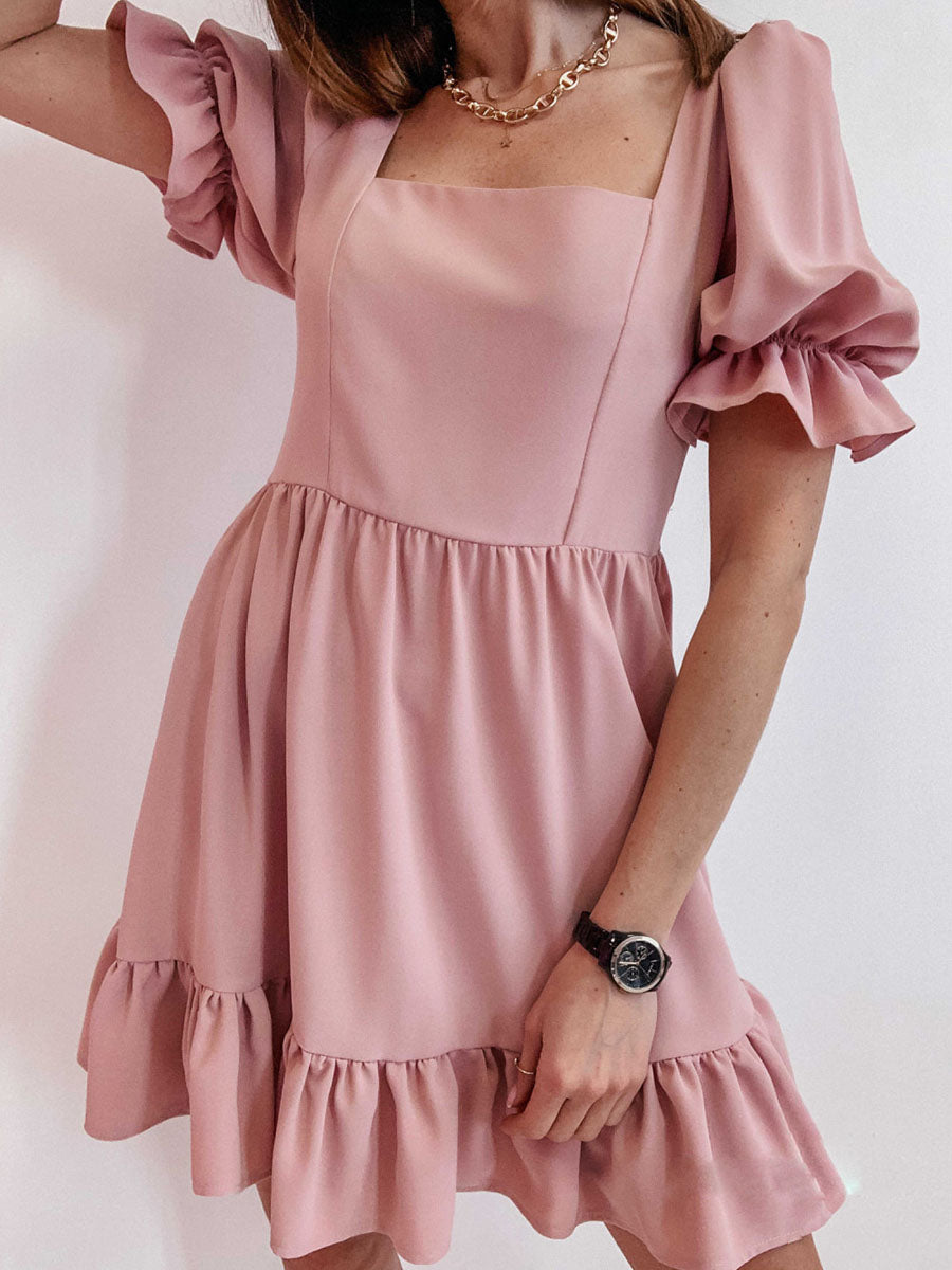 Solid Square Neck High Waist Mini Dress