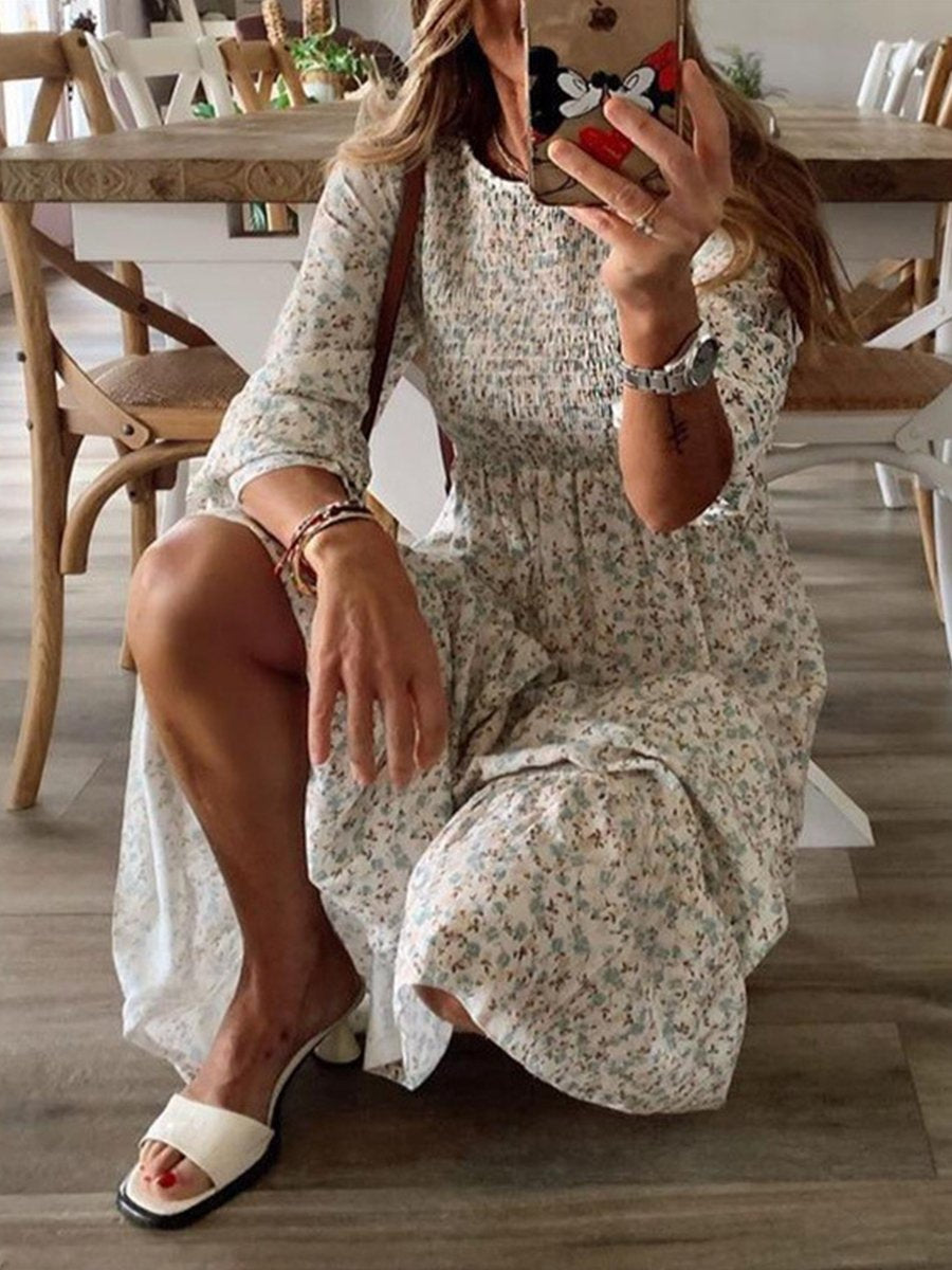Round-neck Smocked Print Half-sleeved Maxi Dress