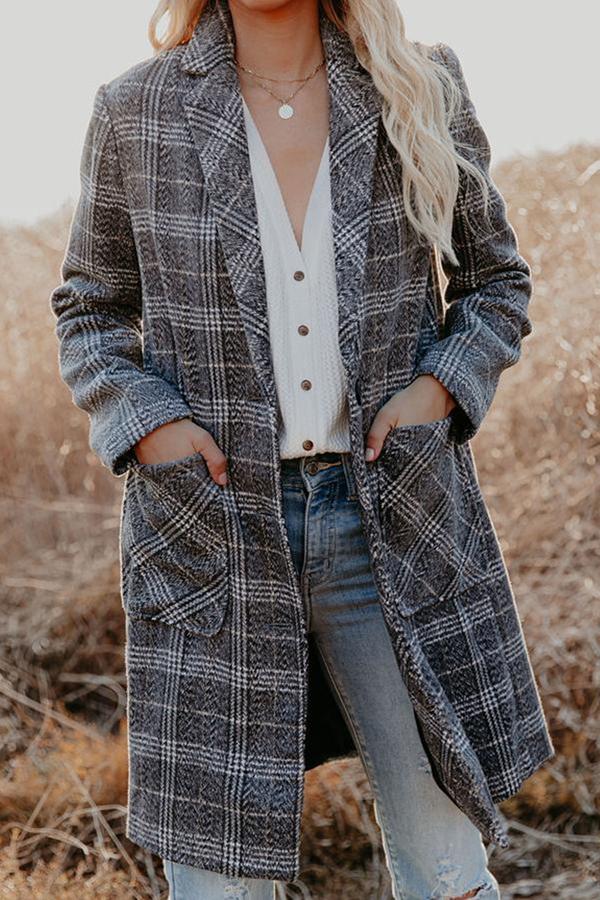 Plaid Lapel Long Sleeve Pocket Midi Boucle Coat