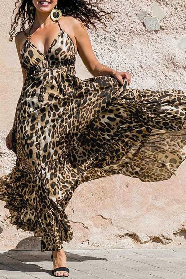 Deep V-Neck Leopard Print Sphagetti Maxi Dress