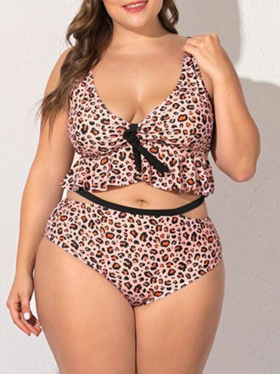 U Neck Leopard Print Flounce Design Tankini