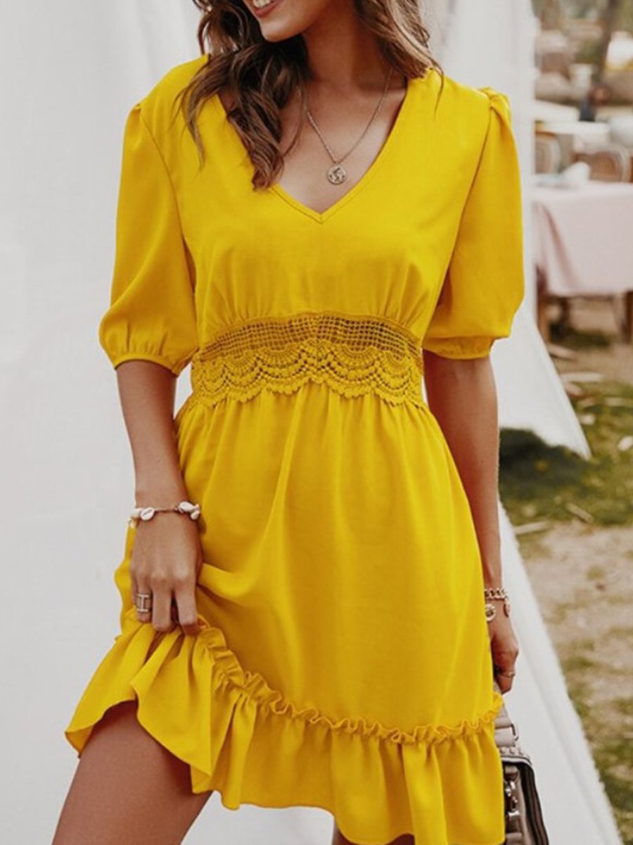 Fashion Street Solid Split Joint V Neck Short Sleeve Dresses