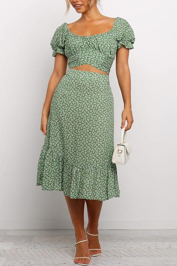 Floral Print Square Neck Puff Sleeve Dress Set