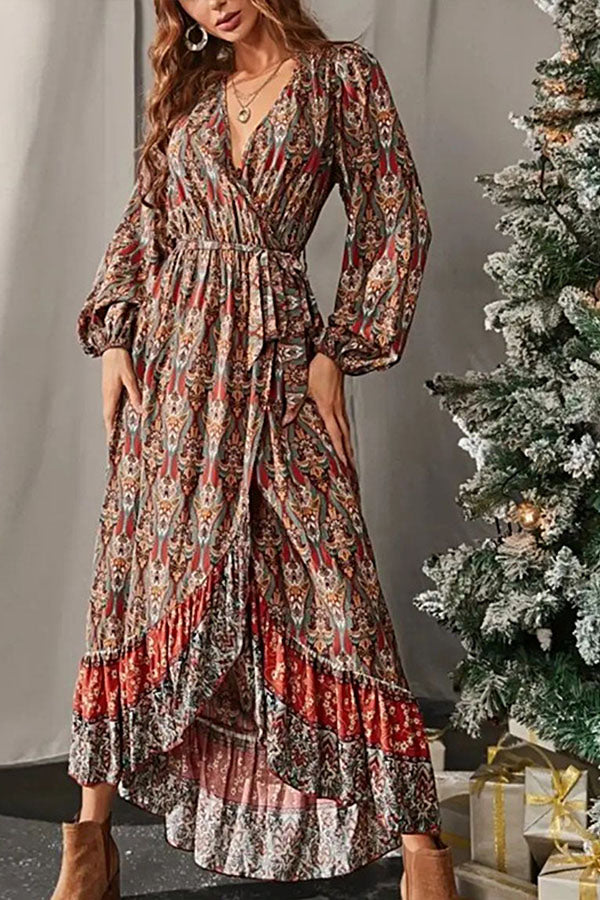 Spring 2022 New Retro Slim Waist Tie Bohemian Print Jumpsuit Group Dress