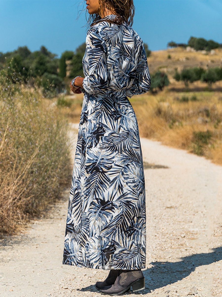 Casual Printed Short-sleeved Lace Up Dress