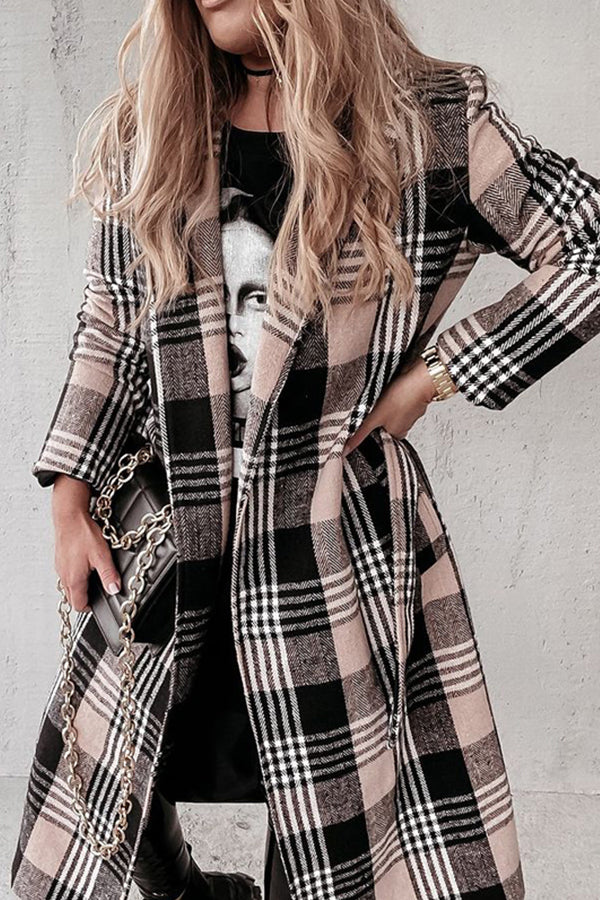Temperament Lapel Plaid Belt Woolen Coat