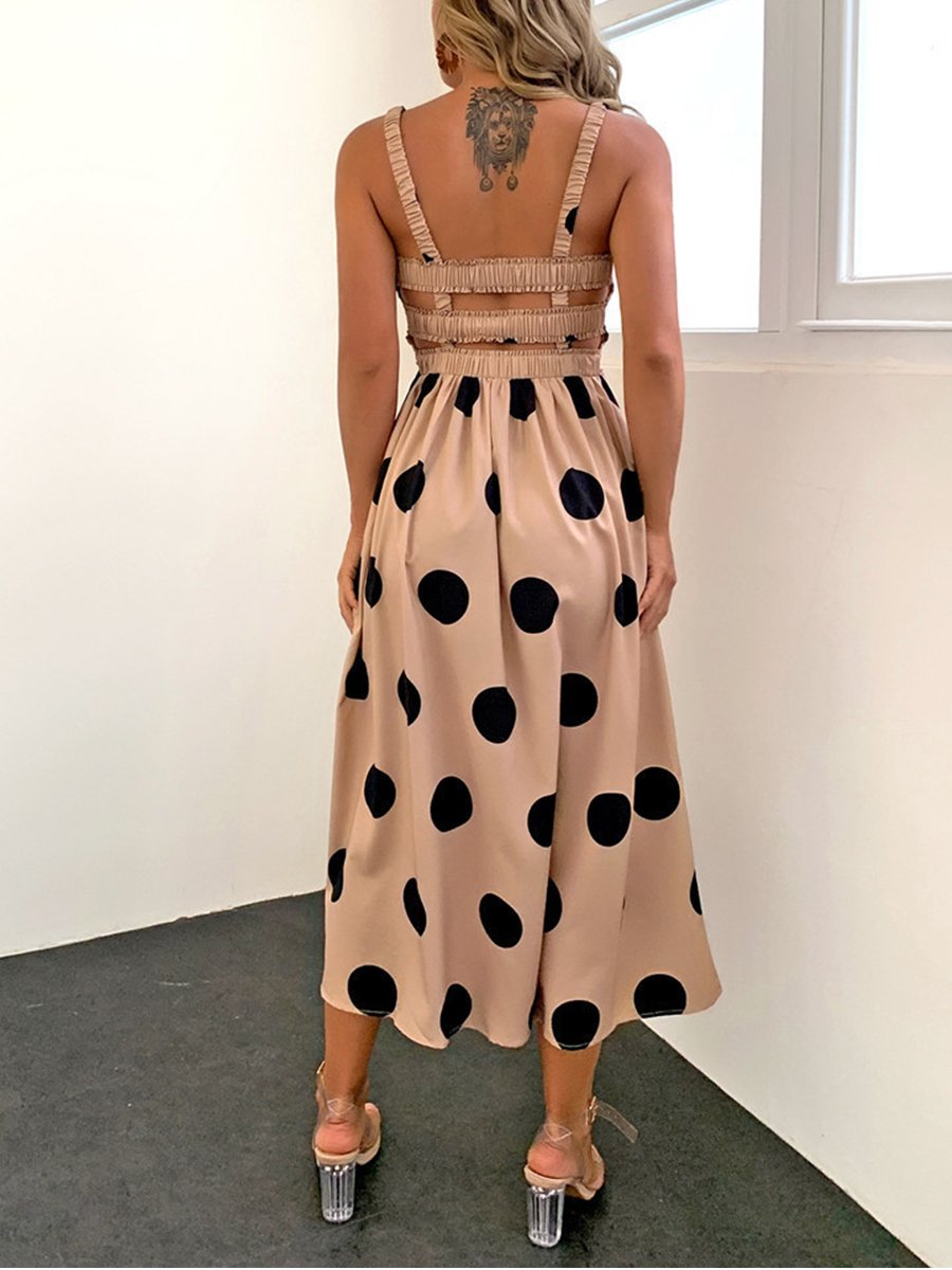 Straps Polka Dot Smocked Calf-length Dress