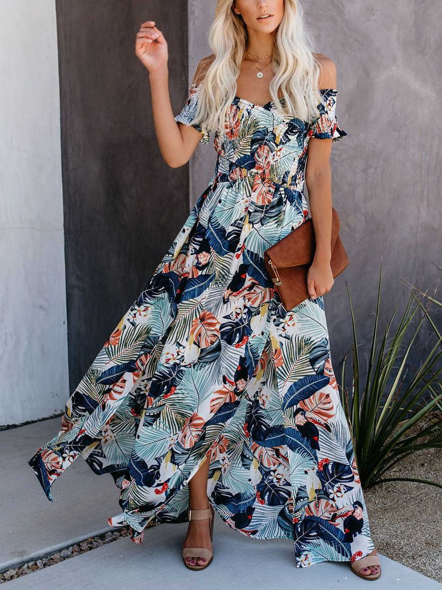 Casual Leaf Print Off Shoulder Wrap Chest Maxi Dress