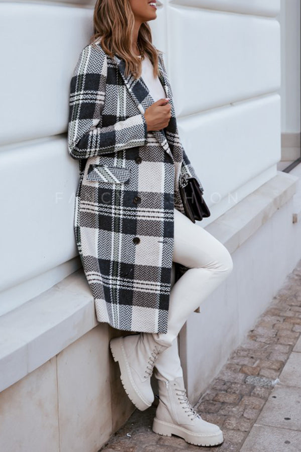 Plaid Print Long Sleeve Buttoned Pea Coat