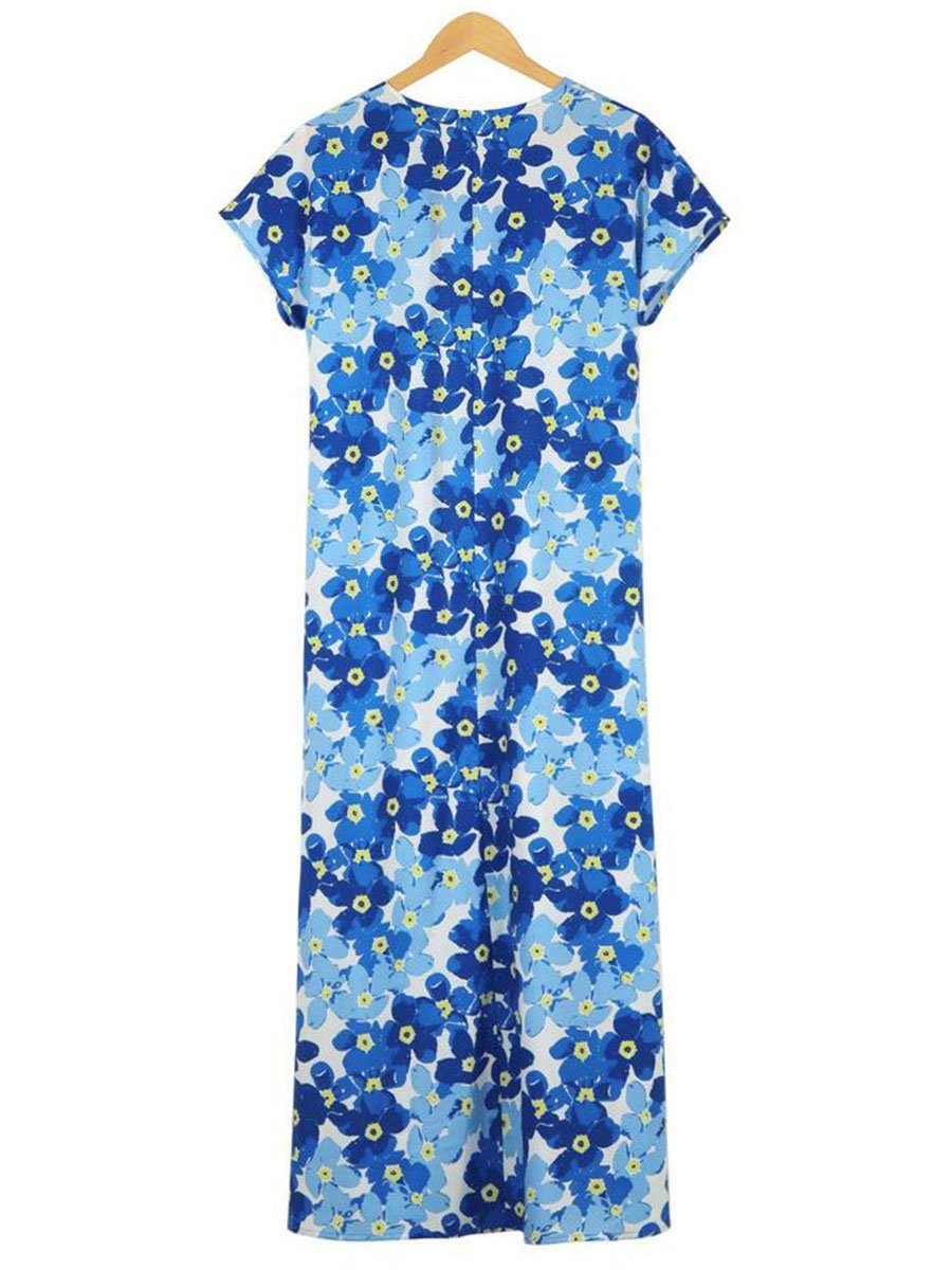 Stylish V-Neck Short Sleeve Printed Side Slit Maxi Dress