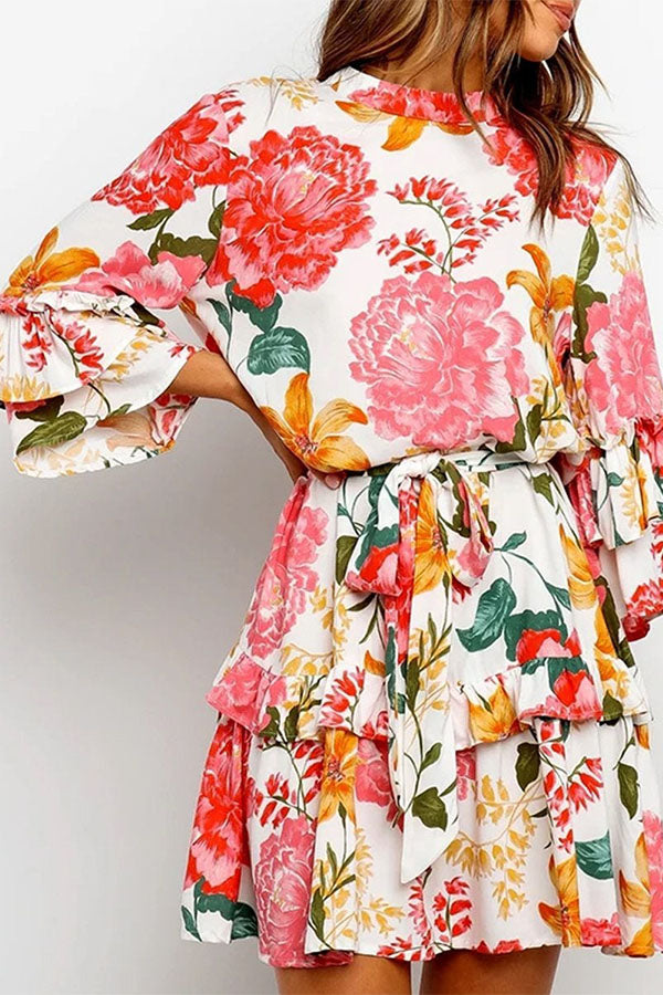 Floral Print Round Collar Pleated Dress