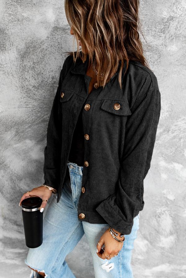 Ribbed Corduroy Long Sleeve Jacket with Pocket