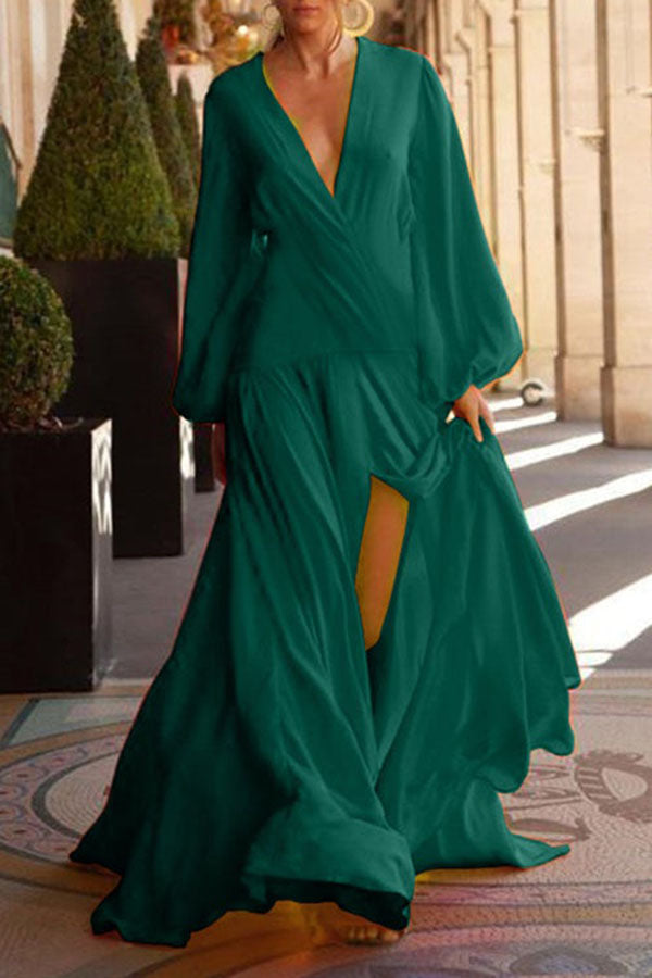 Solid Color V Neck Long Sleeve Dress