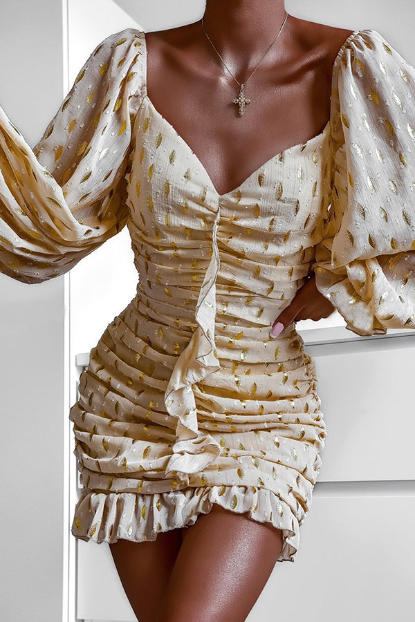 New V-Neck Long Sleeve Pleated Bright Spot Middle Skirt