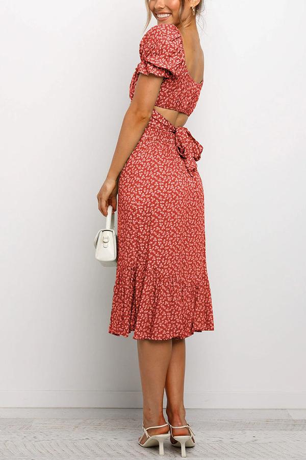 Floral Print Square Neck Puff Sleeve Dress Set