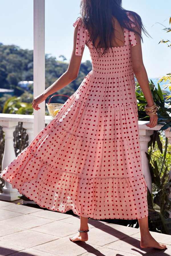 Fake Suspender Lace-up Printed Long Dress