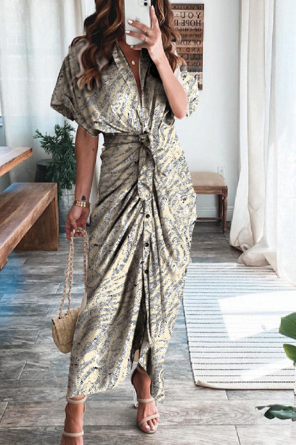 Print Satin Pleated Classy Bandage Shirt Dress
