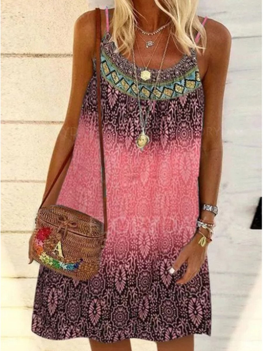 Casual Boho Print U-neck Sleeveless Beach Dress