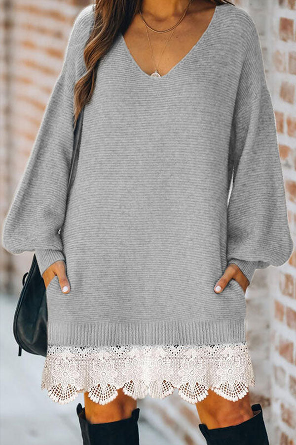 V-Neck Lace Stitching Sweater Dress