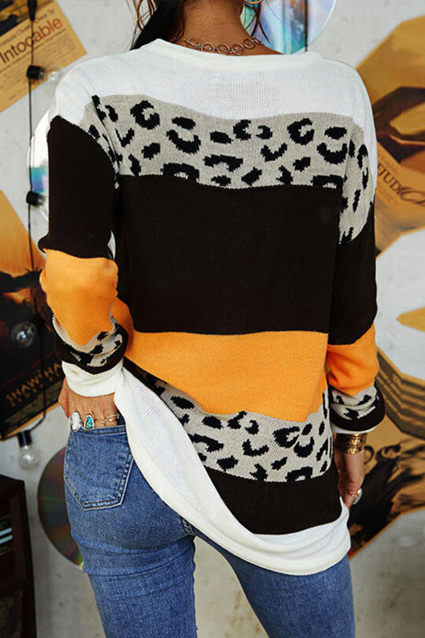 Colorblock Leopard Print Long Sleeve Sweater