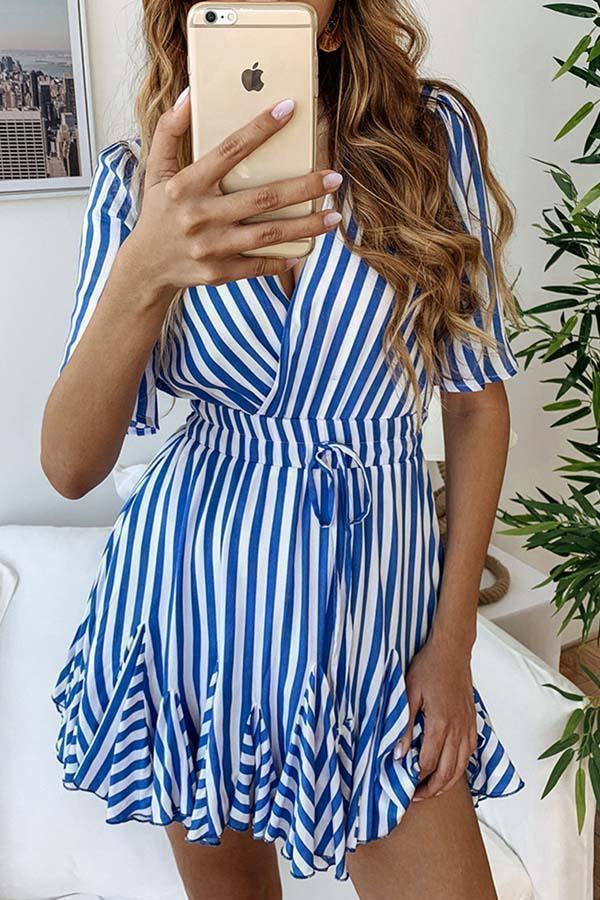 Deep V-Neck Stripe Lace Short Sleeve Dress