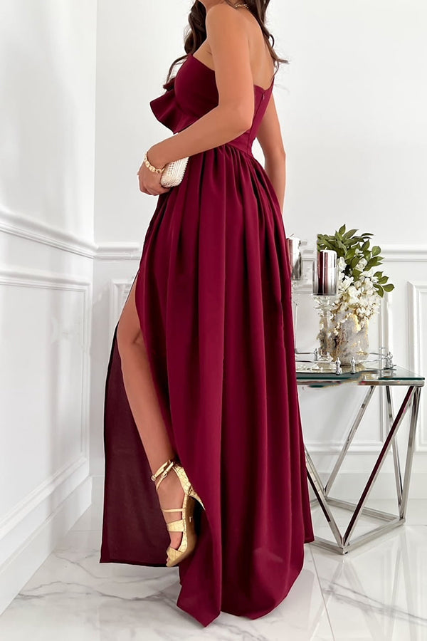 Sleeveless Off-Shoulder Ruffle Hem Slit Dress