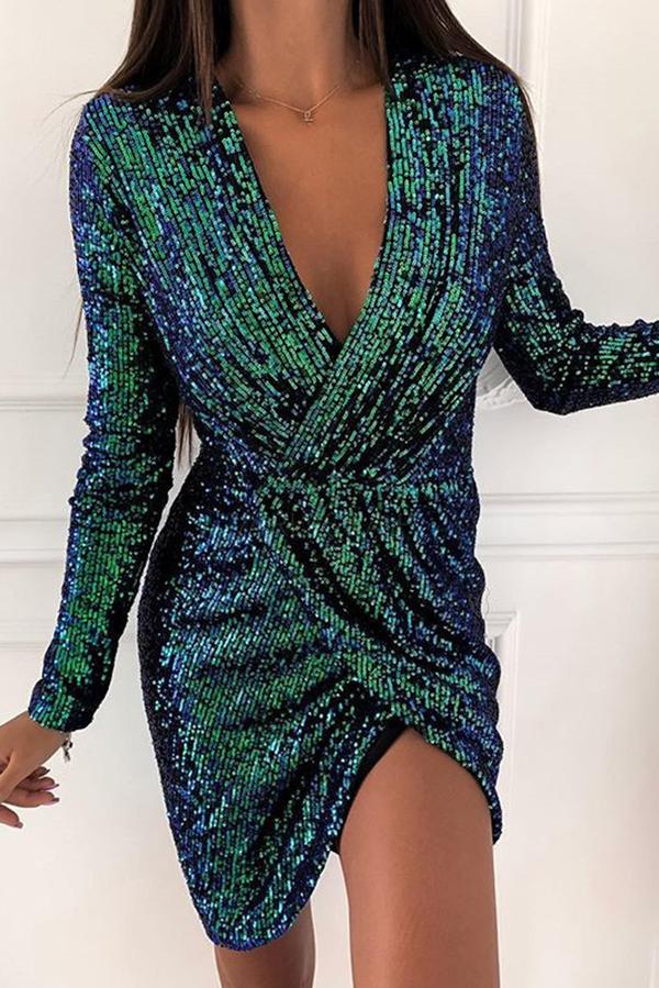 Sequin V-neck Mini Dress